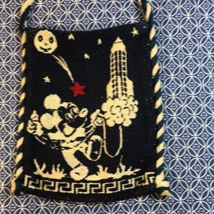 Mickey Mouse with rocket on vintage collectible small bag, navy blue/cream